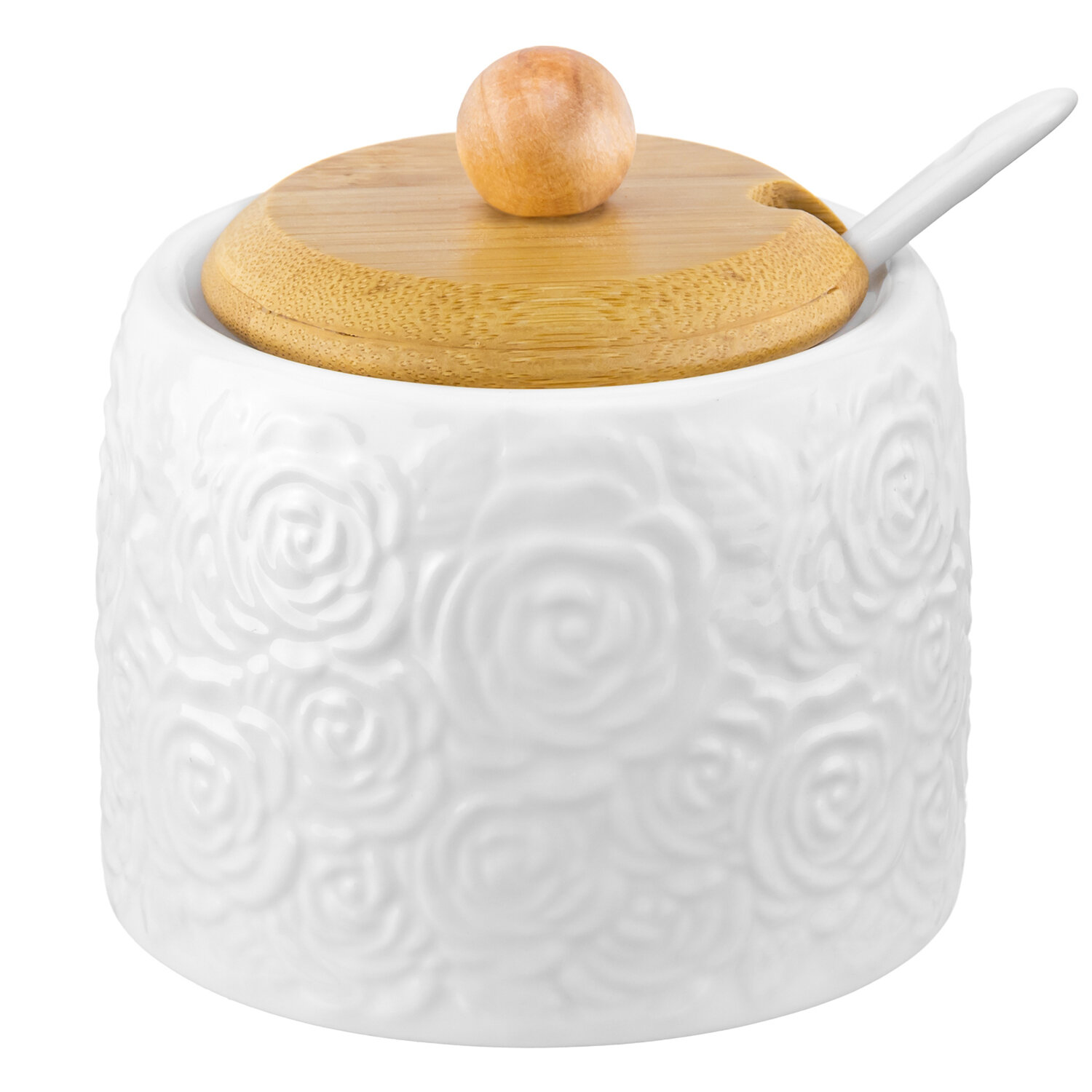 фото Банка для хранения сыпучих продуктов / соли / специй 250 мл 8,5*8,5*9 см Elan Gallery "Розы" с ложкой и дер. крышкой
