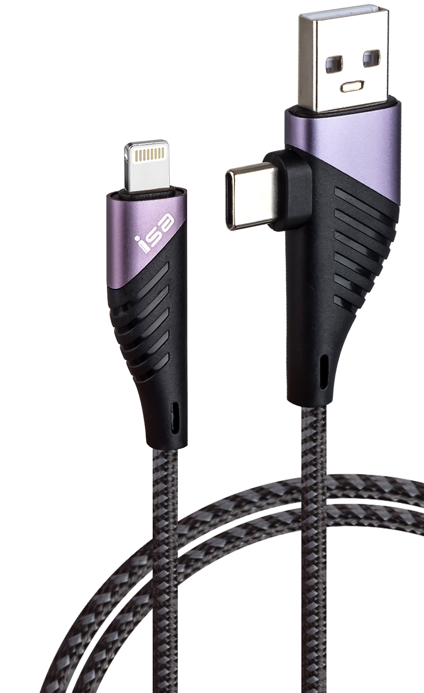 Кабель Isa U95 2 в 1 USB/Type-C на Lightning 3А, PD,1.2м (Черный)