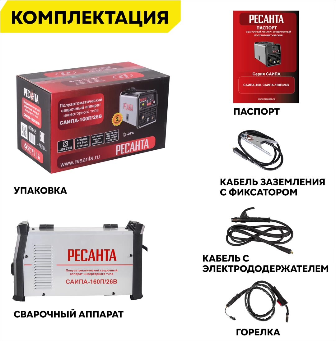 Сварочный полуавтомат без газа, РЕСАНТА САИПА-160П/26В 3в1, инверторный, FCAW/MMA/TIG, 40-160 A — фото 1