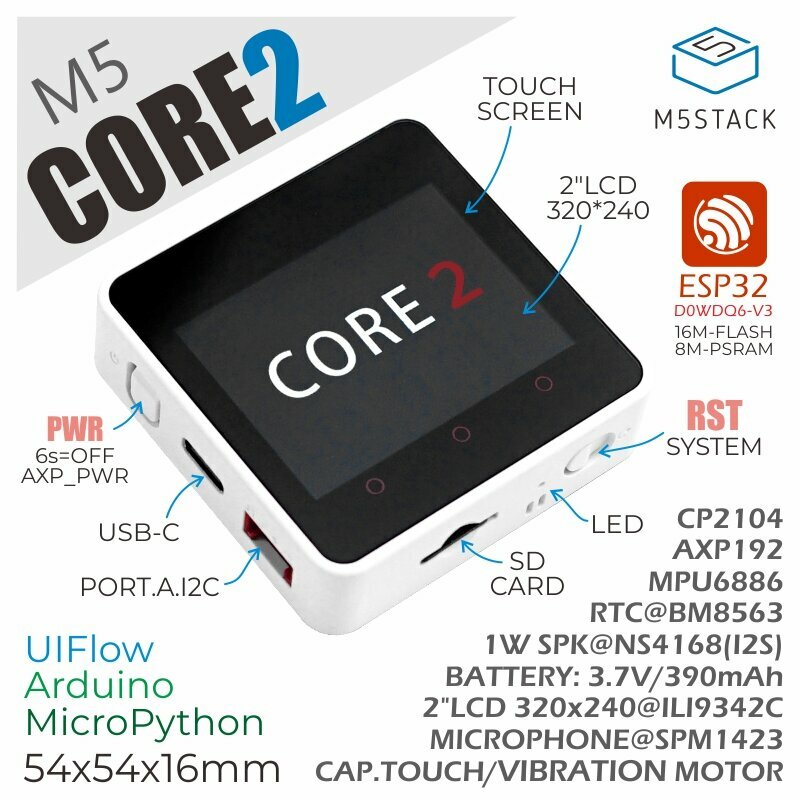 Комплект для разработки сенсорного экрана M5Stack Core 2 ESP32 с сенсорным экраном, Wi-Fi, Bluetooth, мастер-управление графическим программированием — фото 1
