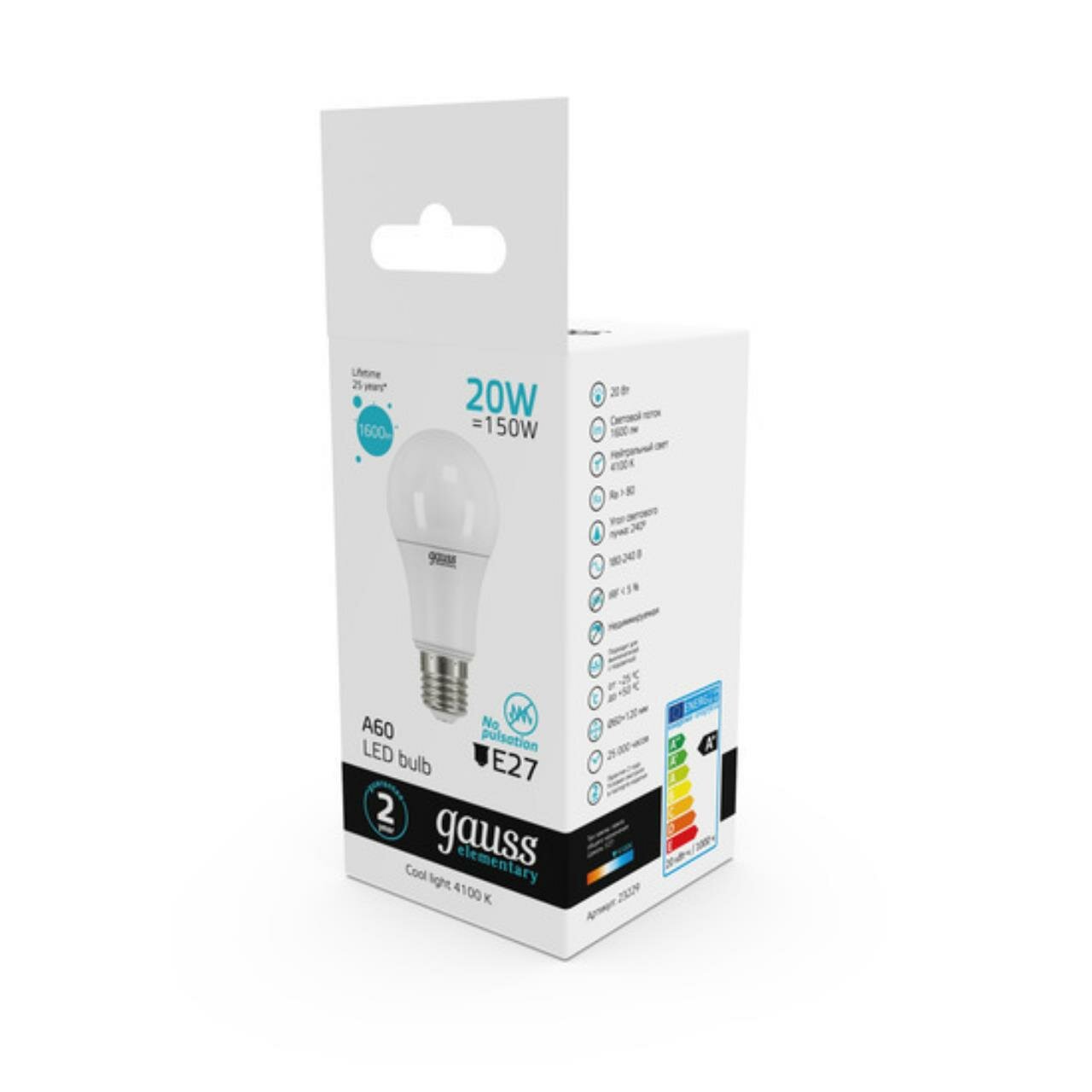 23229 Лампа Gauss LED Elementary A60 20W E27 1600lm 4100K 1/10/50 — фото 1