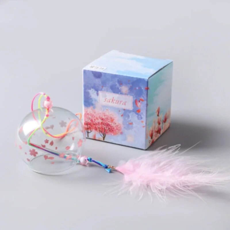 Японский стеклянный колокольчик Фурин с узором Сакура, feather-pink