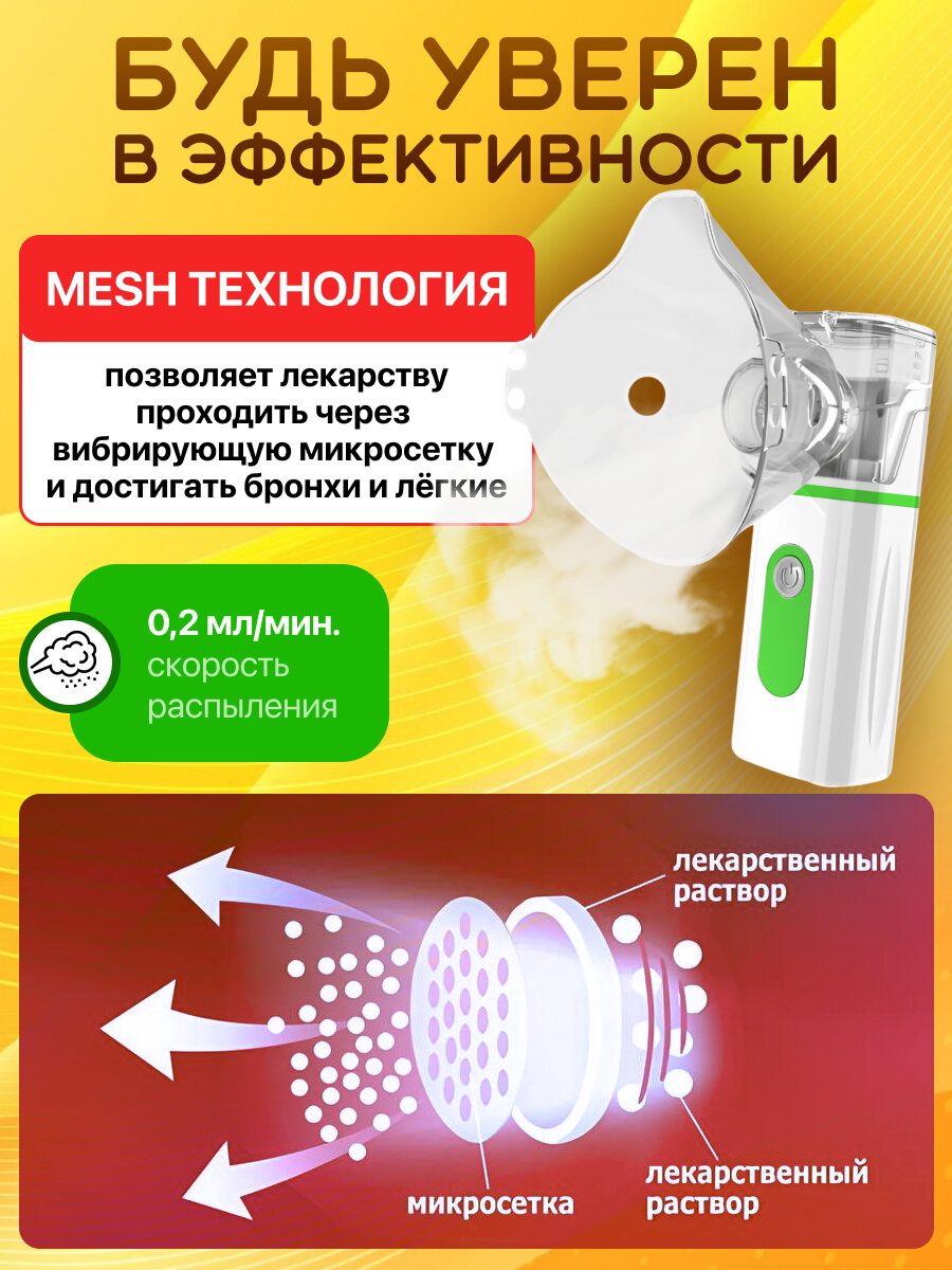 Картинки Ингалятор детский YAGEN N3S на батарейках и от USB, бесшумный, МЕШ, небулайзер ультразвуковой, 2 режима