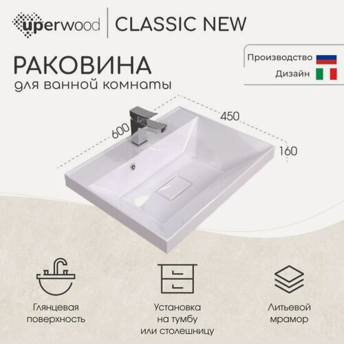 Изображение товара Раковина для ванной Uperwood Classic New 60х45х16,3 см, белая глянцевая, с накладкой для слива