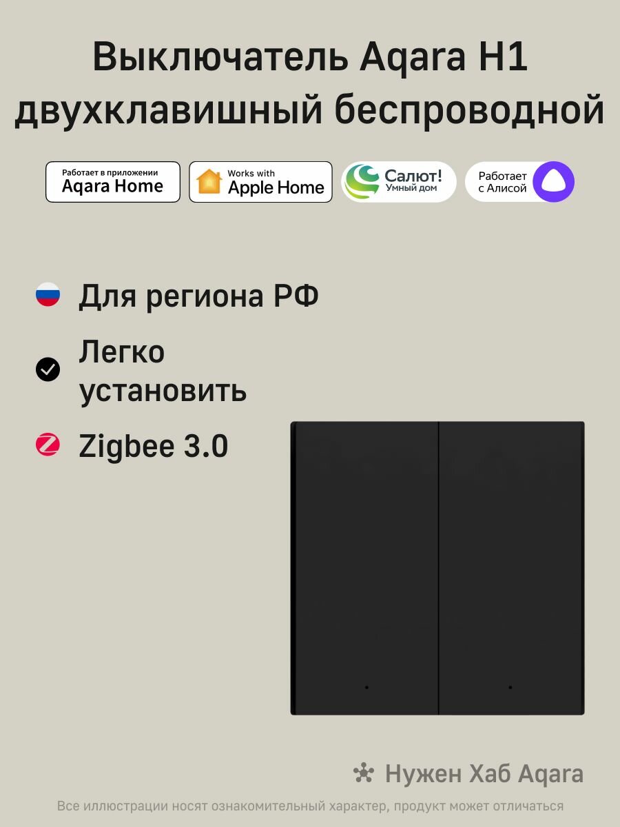Aqara Умный беспроводной выключатель H1 WRS-R02, двухклавишный, черный