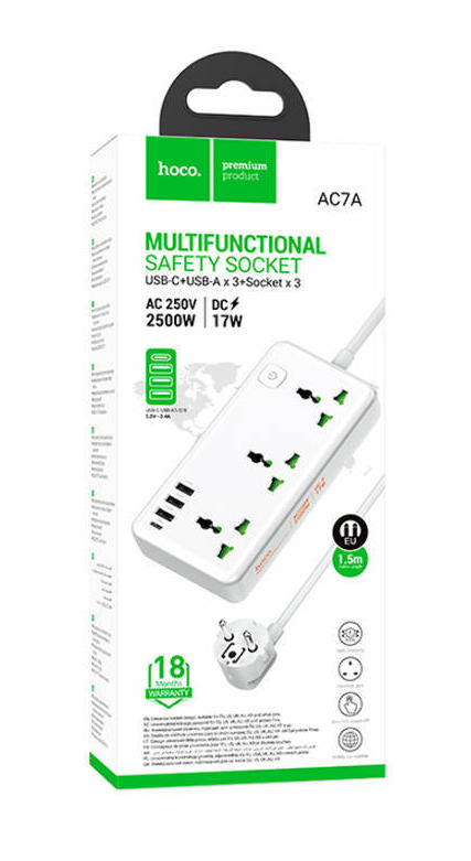 Сетевой фильтр Hoco AC7A 3 розетки/3USB/1USB-C 1.5м белый — фото 1