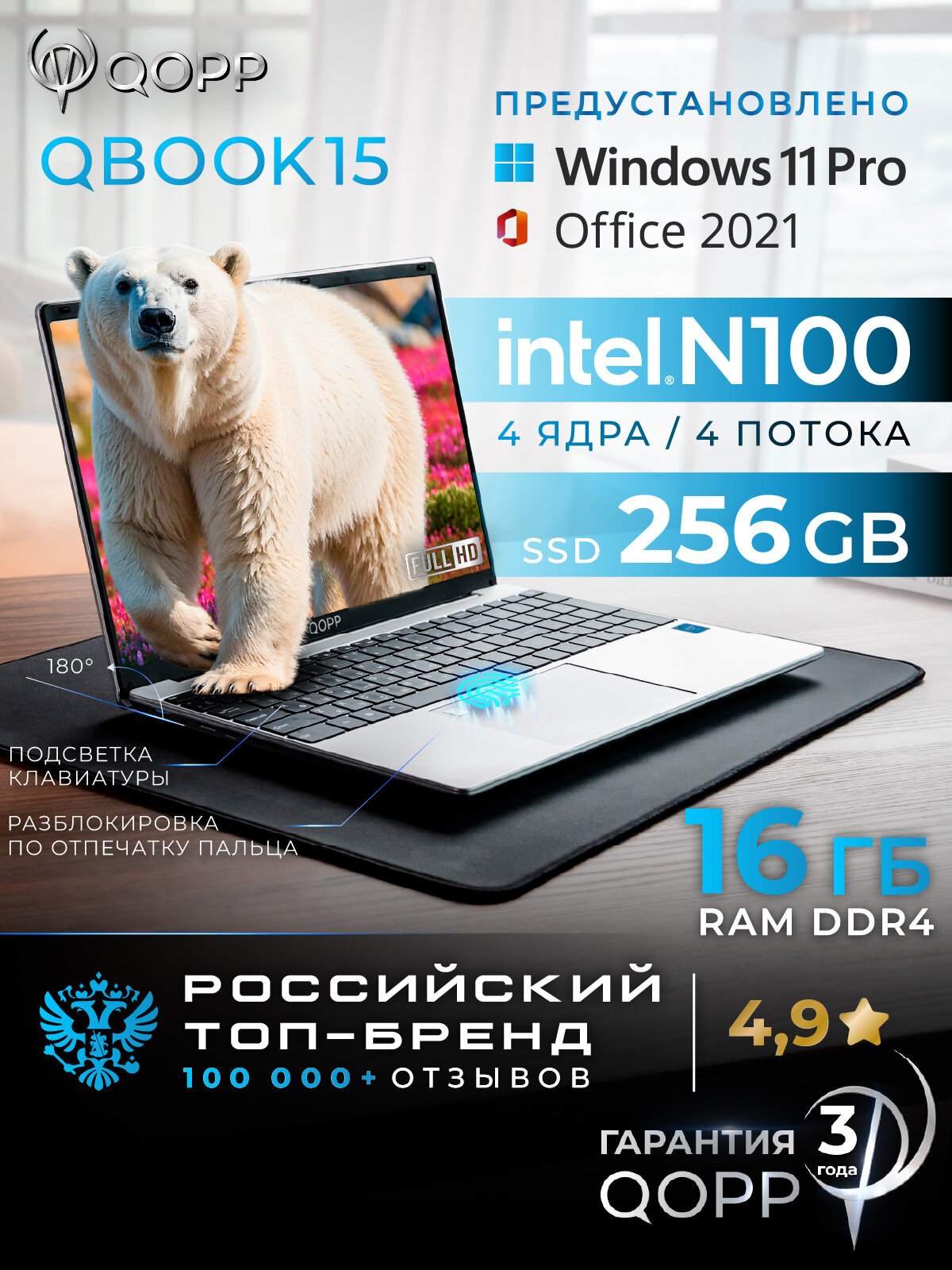 Ноутбук QOPP, для работы и учебы, Windows 11, Intel Celeron, 16 Гб RAM, SSD 256 ГБ, экран 15.6", серый