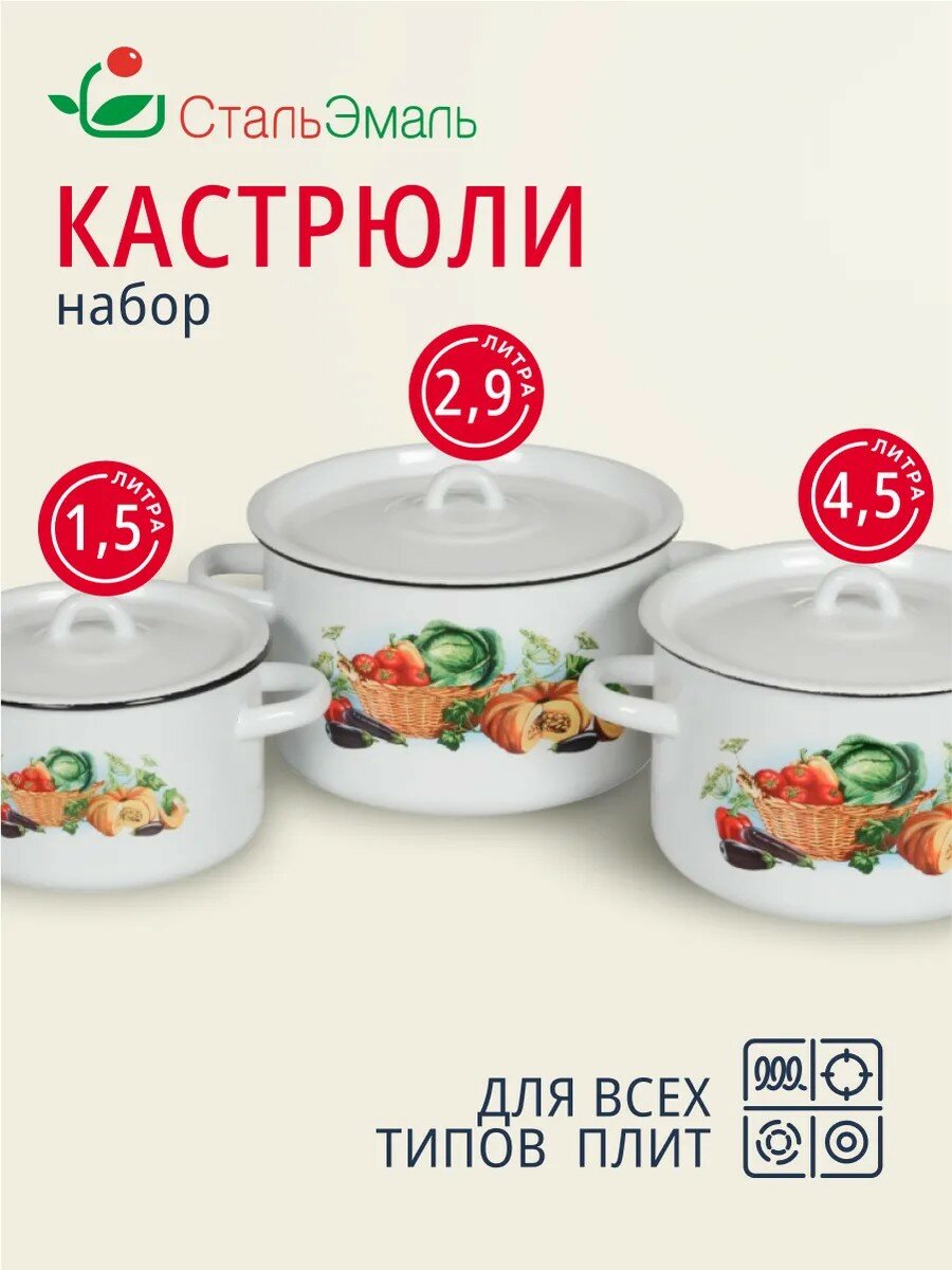Набор посуды эмалированная сталь  3 предмета  кастрюли 1 5 2 9 4 5 л  индукция  СтальЭмаль  Урожай  1с33