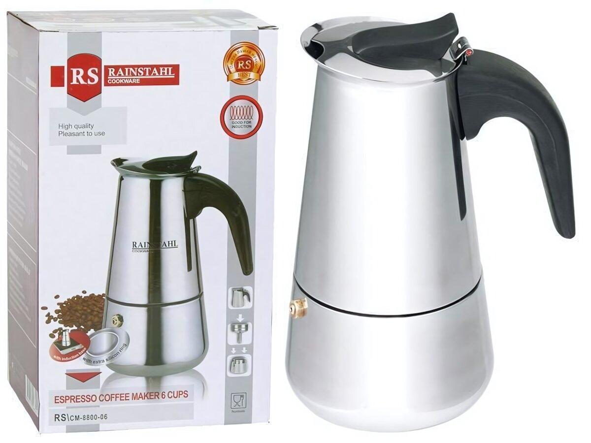 Кофеварка гейзерная rainstahl 9 чашек 450 мл, нержавеющая сталь, серебристый с чёрной ручкой — быстрый аромат и экономия