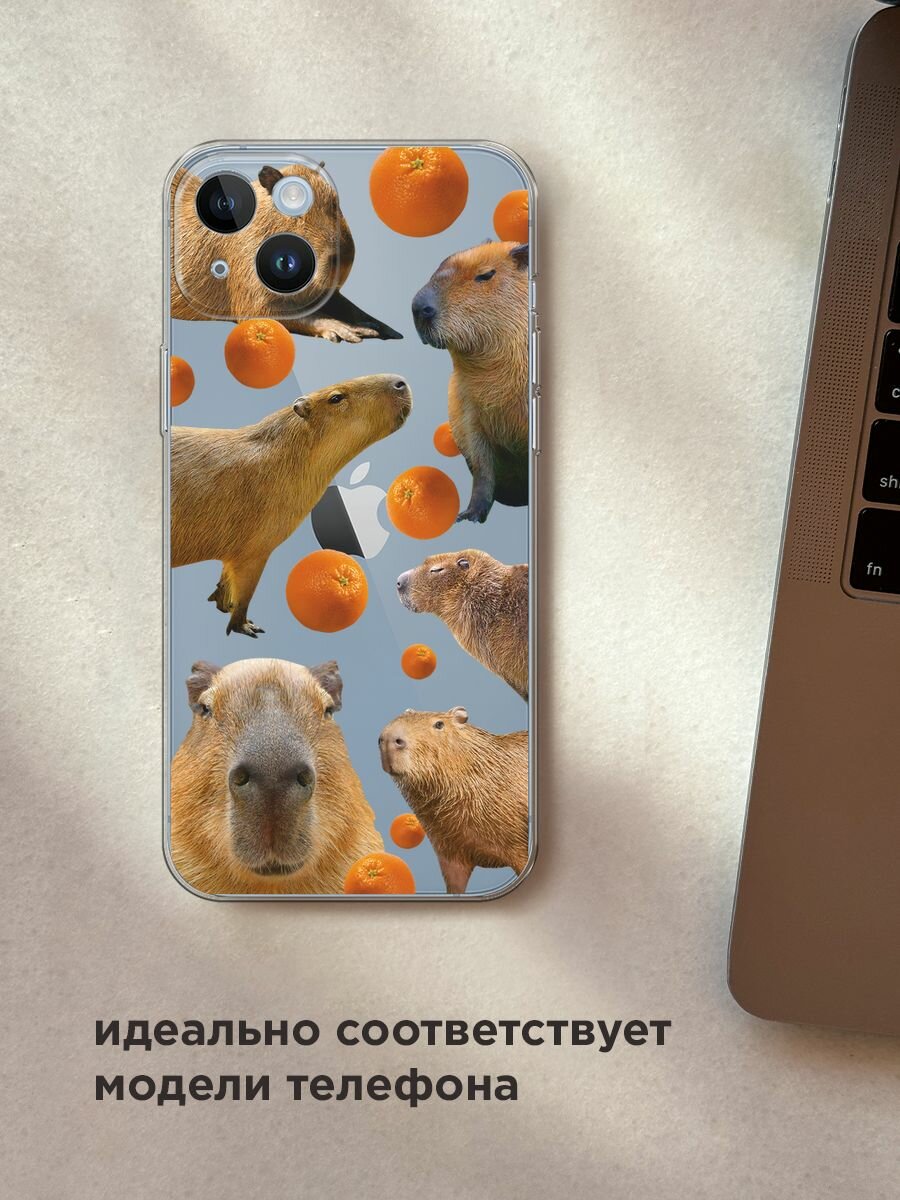 Чехол на Apple iPhone 14 Plus / Айфон 14 Плюс с принтом "Капибара и апельсины", прозрачный — фото 1