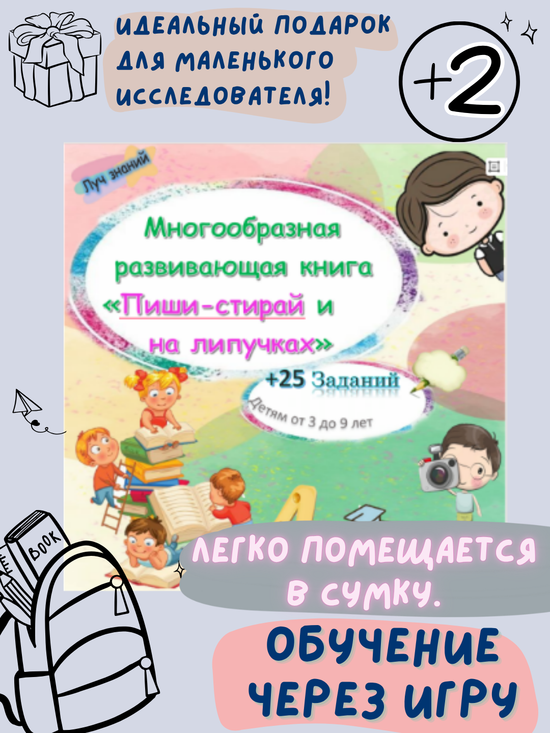 Многообразная развивающая книга на липучках и пиши - стирай.