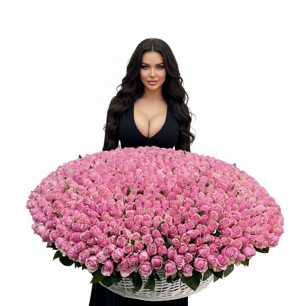 501 розовая Роза с крупным бутоном (плетеная корзина с цветами)