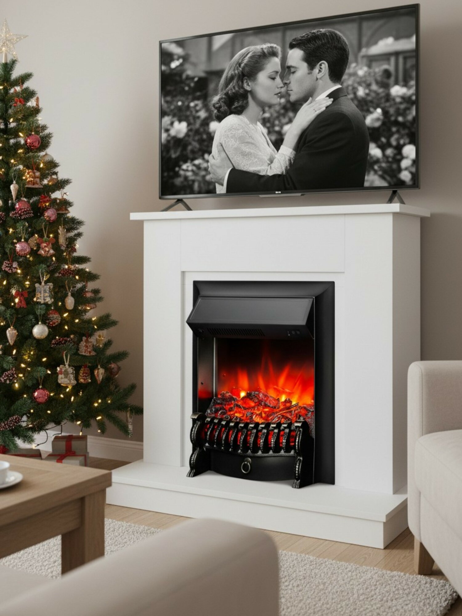 Тумба под ТВ с электрическим очагом с обогревом напольная Fires Merlin Флора WT белый