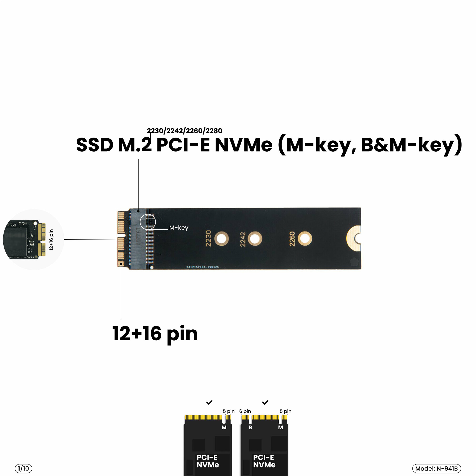 Адаптер-переходник для SSD M2 PCI-E NVMe (M B+M key) в разъем 12+16 Pin на MacBook Air 11/13" Pro Retina 13/15" iMac 215/27" Mac Pro 2013-2019