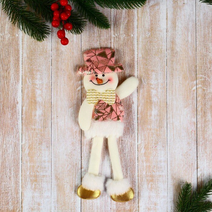 Подвеска новогодняя Зимнее волшебство "Снеговик в блестящем костюмчике", длинные ножки, мягкая, 8х27 см, розовая
