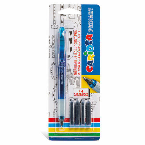 Ручка шариковая Carioca Primary многоразовая, в комплекте с 4 сменными картриджами d 0.7 мм 1 мм 43248 цвет чернил: синий