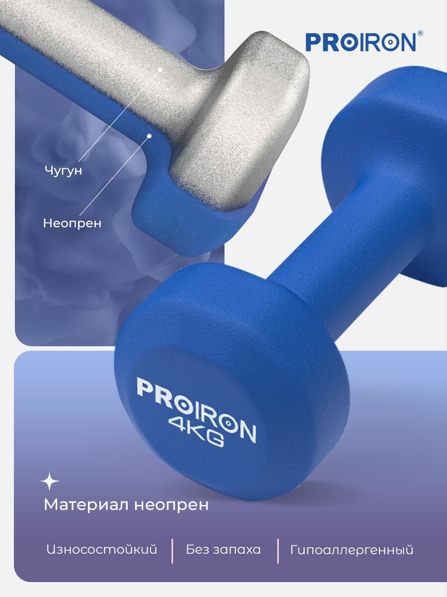 Гантели 4 кг 2 шт неопреновые PROIRON, набор для фитнеса, синие