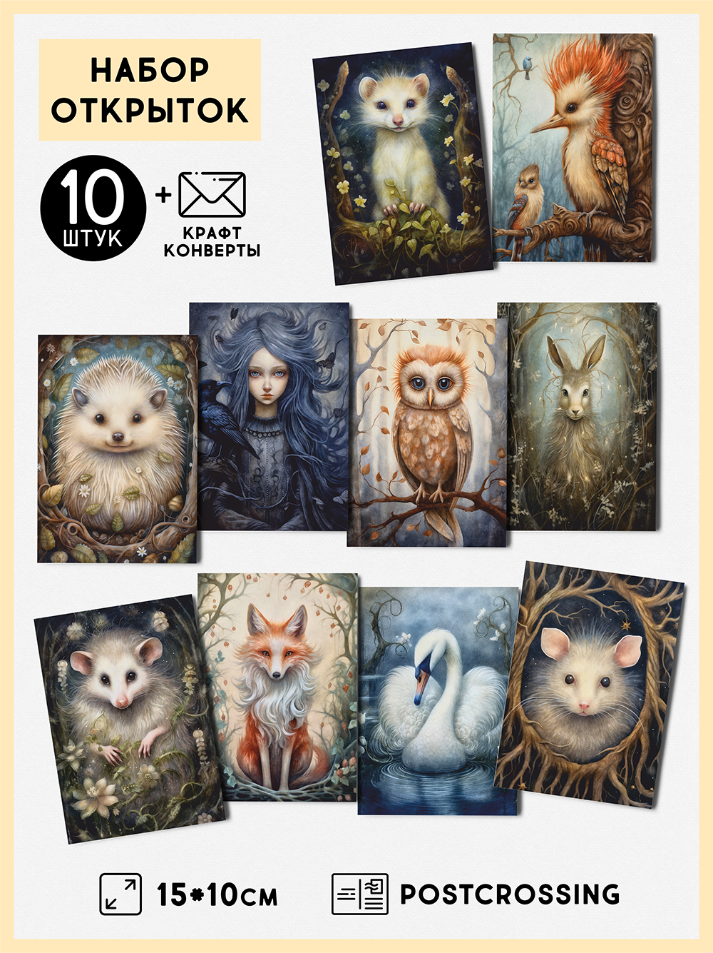 Набор открыток "Волшебный лес" с крафт конвертами, 10 штук, размер А6