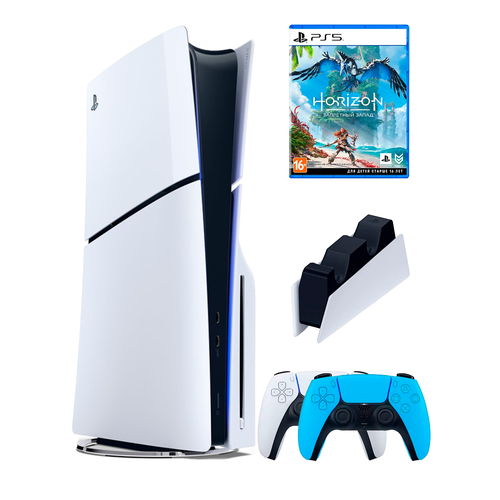 PS5 (ПС5) Игровая приставка Sony PlayStation 5 Slim disc + 2-й геймпад(голубой) + зарядное + игра Horizon