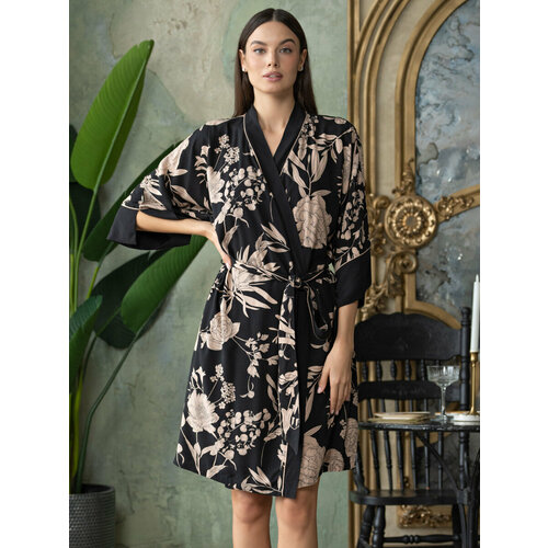 фото Халат mia-amore, размер 58-60, черный, бежевый