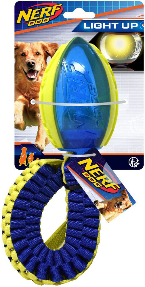 NERF DOG Light Up Мяч для регби светящийся с плетеным пищащим шлейфом, длина 48 см