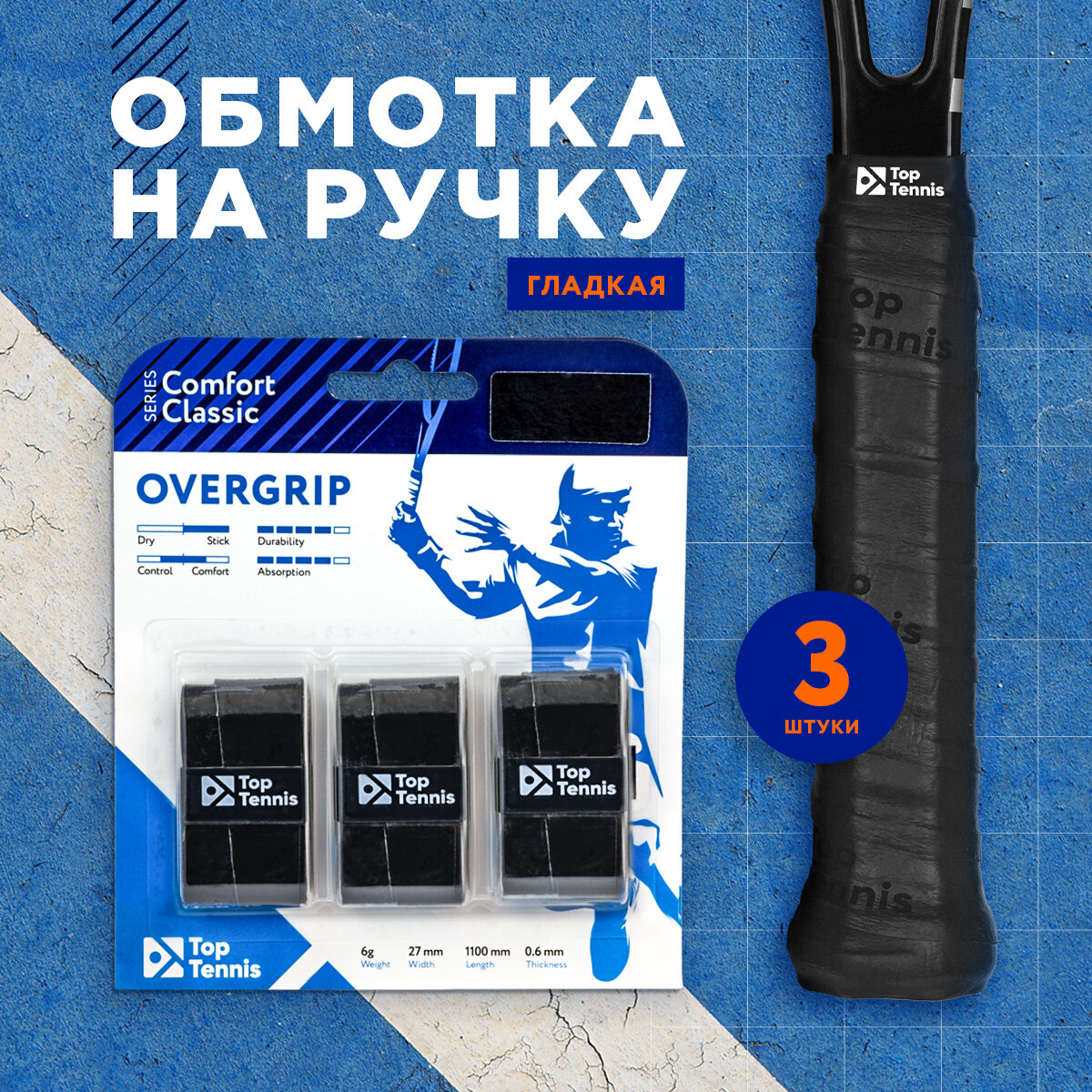 Намотка для теннисной ракетки обмотка 3 штуки белая гладкая Top Tennis COMFORT