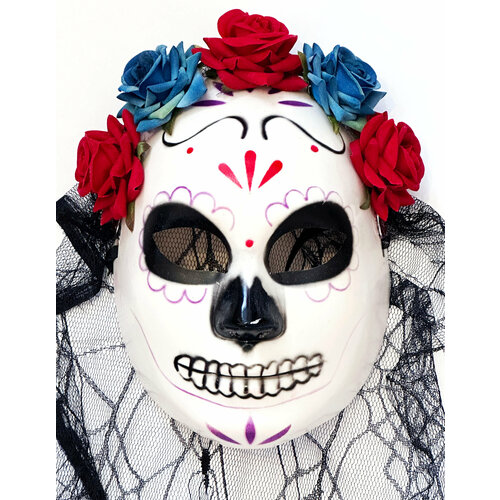 Карнавальная маска Санта Муэрте с розами / Маска День мертвых (Dia de los Muertos) / Маска для вечеринки Santa Muerte