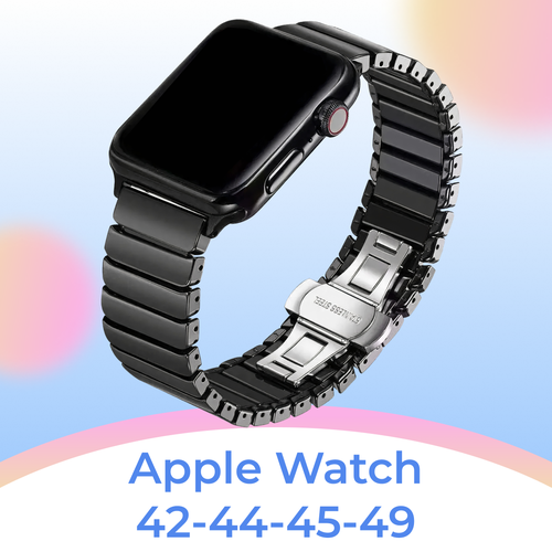 lyambda керамический ремешок libertas для apple watch 42 44 45 mm black red Блочный керамический ремешок для умных часов Apple Watch 42-44-45-49 mm / Сменный браслет на смарт часы Эпл Вотч 1-9, SE серии / Черный