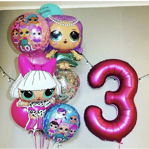 Шарики гелиевые Кукла LOL с цифрой воздушные шары надутые гелием бими набор розовый шар