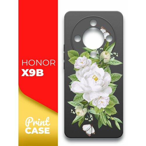 Чехол на Honor X9b (Хонор Х9б) черный матовый силиконовый с защитой (бортиком) вокруг камер, Miuko (принт) Цветы белые