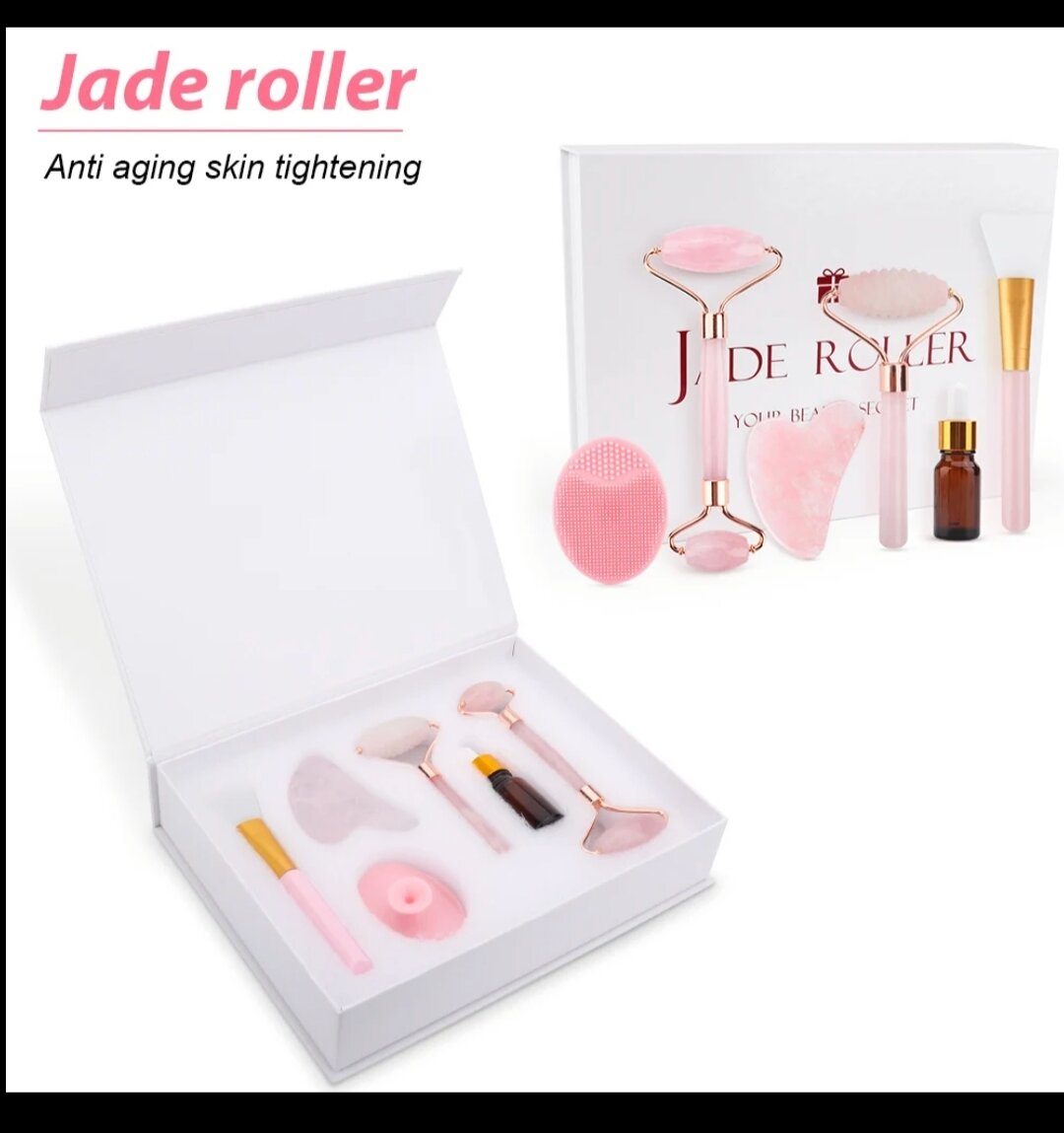 Массажёр для лица JADE ROLLER для ухода за кожей из 5 предметов/Гуаша из розового кварца/Массажёр роликовый гуаша