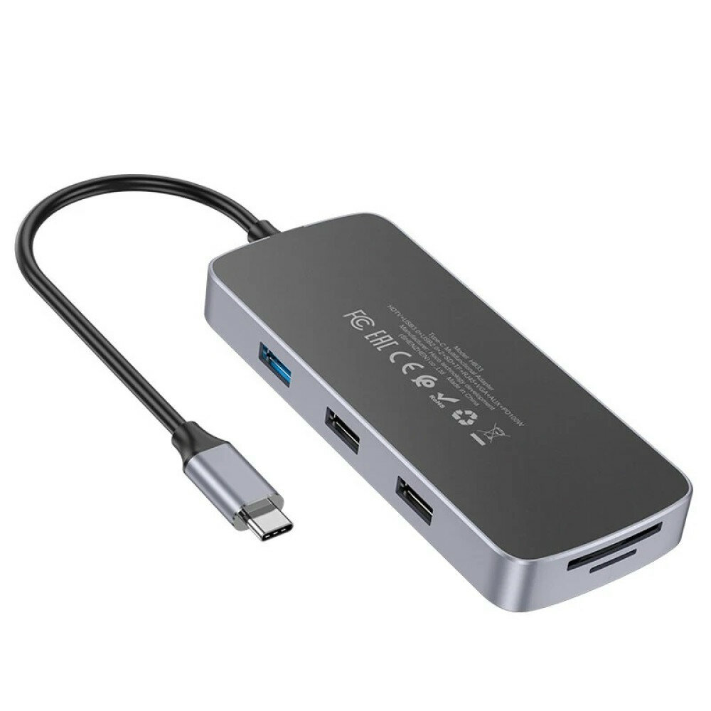 Адаптер HOCO HB32 8-in-1, Разветвитель Type-C to HDMI + RJ45 + USB2.0*2 + USB3.0 + SD + microSD + USB-C 100W, Хаб Серый — фото 1