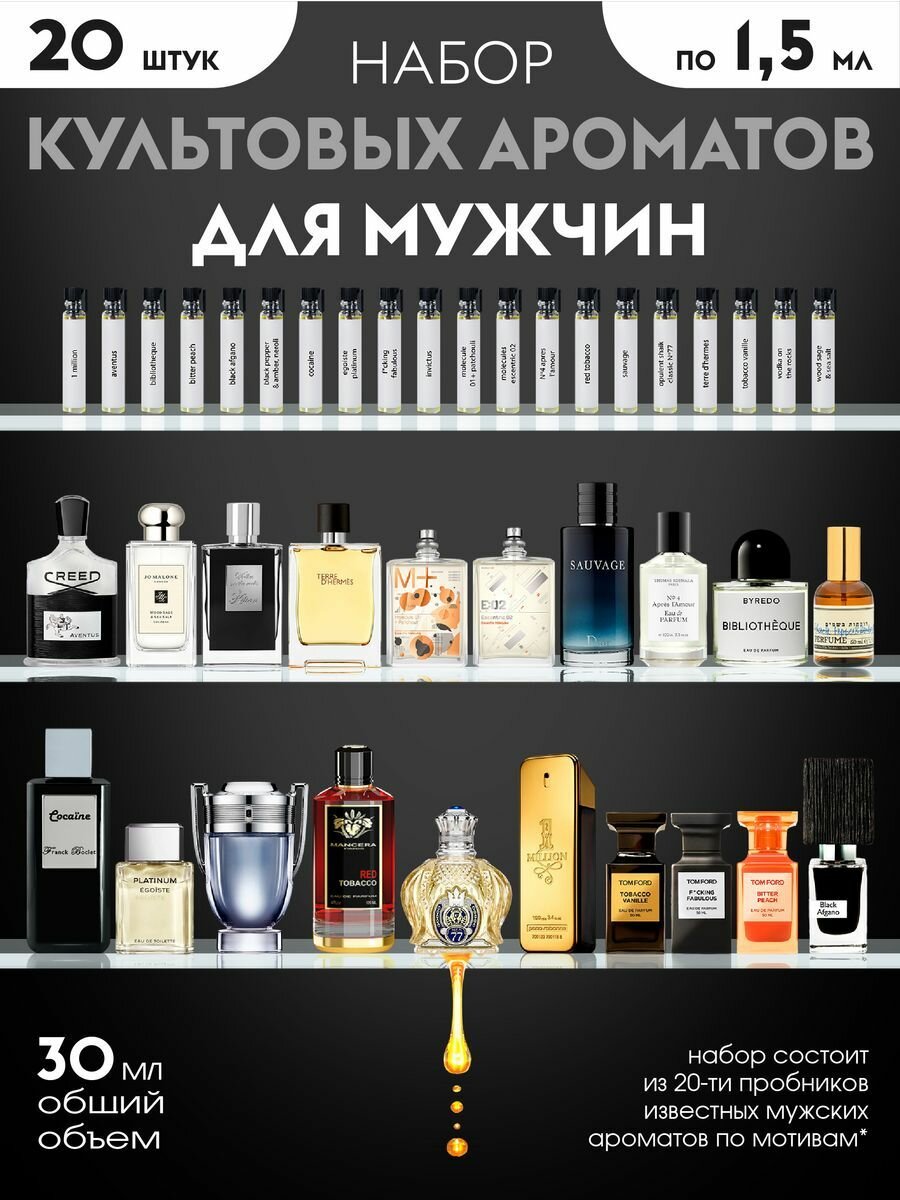 Набор масляных духов «По нотам», 20 пробников, 1.5мл, стойкий аромат, мужской