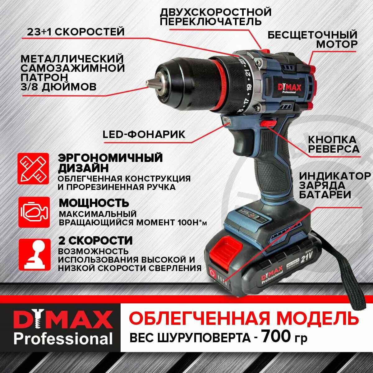 Шуруповерт аккумуляторный дрель шуруповерт бесщеточный 2 АКБ 42 аксессуара кейс, 2х1.5 Ач, 100Н. м, DYMAX DMX 1800BL21V — фото 1