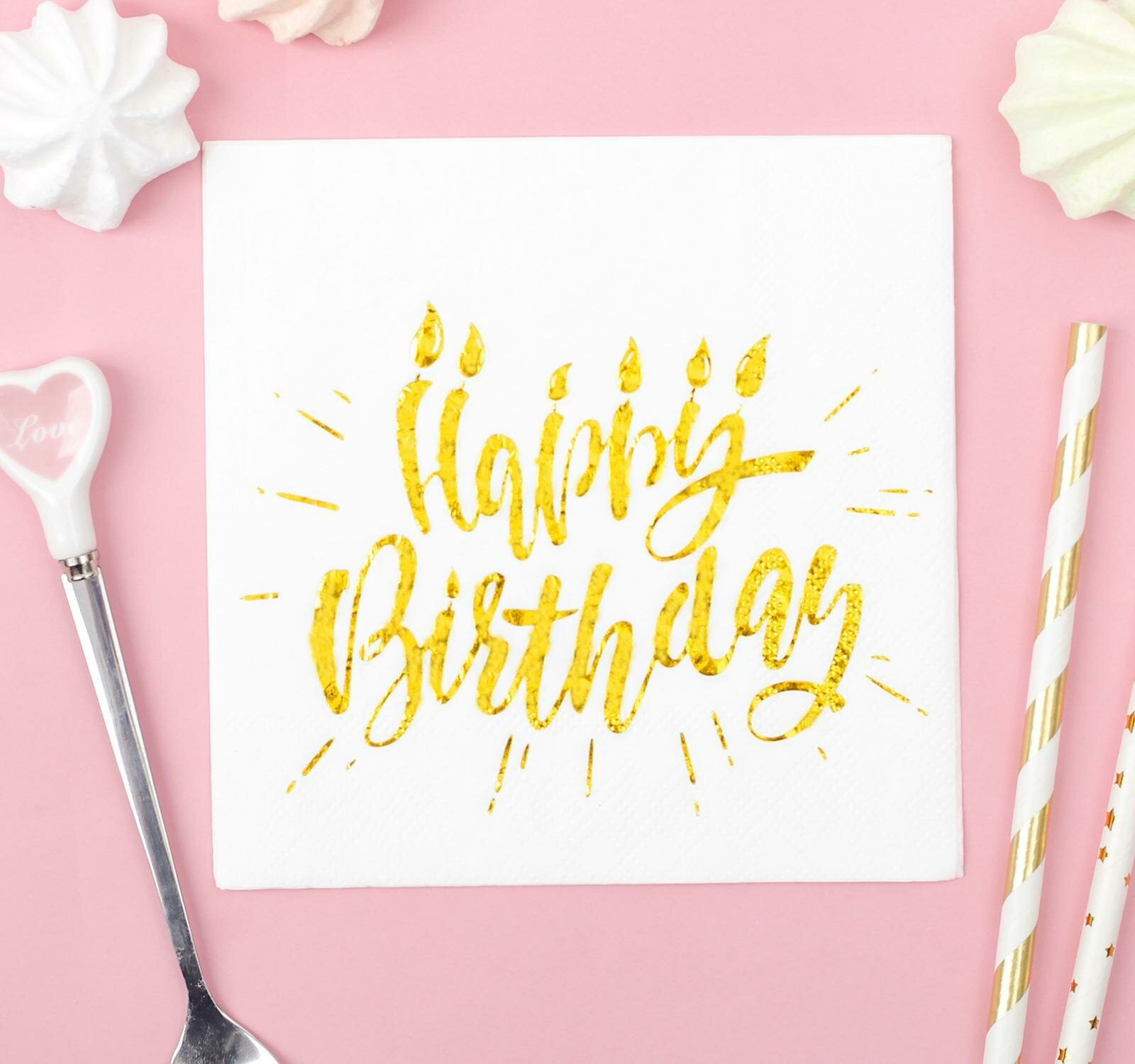 Салфетки Страна Карнавалия Happy birthday, 20 шт., 25х25 см, тиснение розовое золото, на белом фоне - фото №7