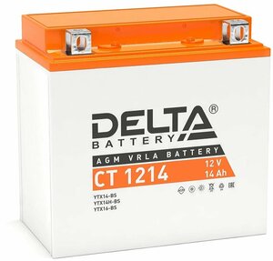Аккумулятор для мотоцикла и скутера Delta CT1214 12V 14 А/ч 200 A прям. пол. залит/заряжен YTX14-BS, YTX14H-BS(150х87х148) AGM