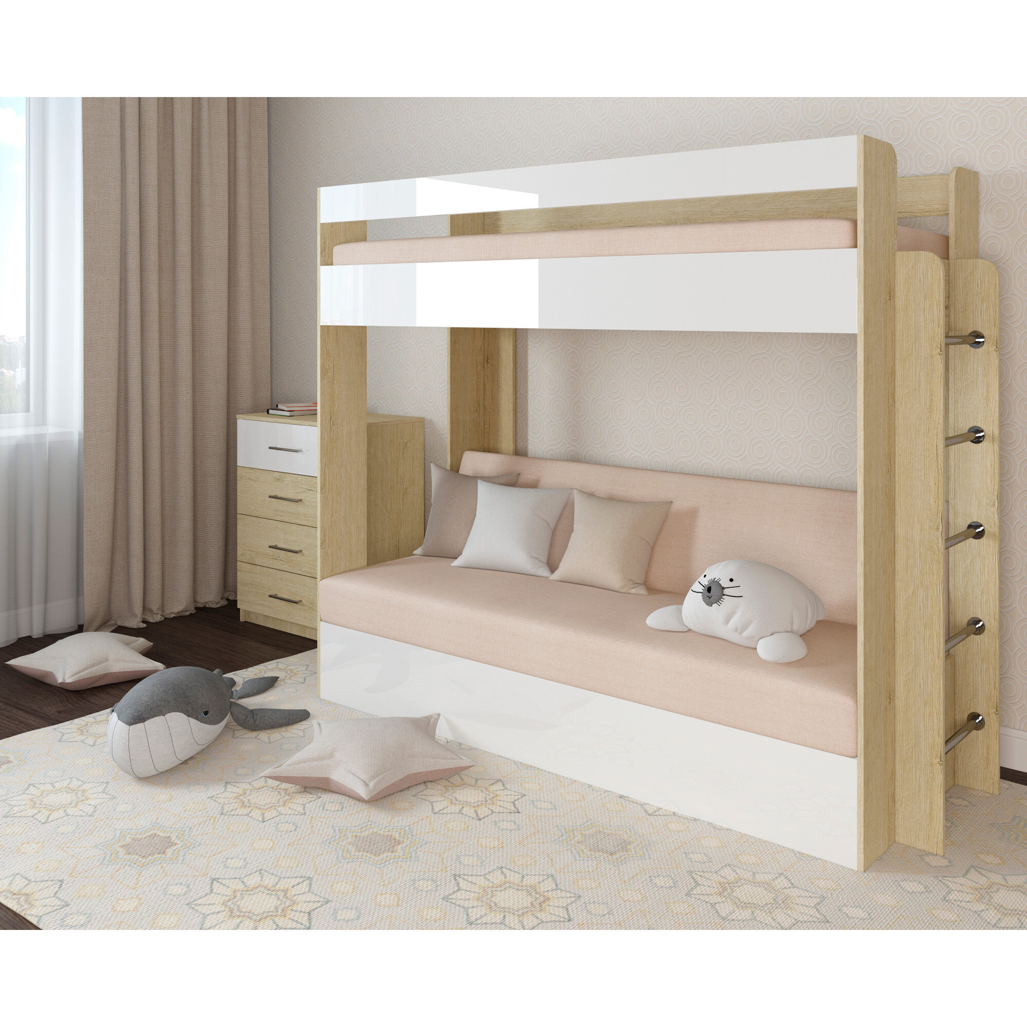Кровать двухъярусная с диваном Есэндвич new Лаворо, 110x209 см (Пикард/Белый Глянец/Savana Plus Ivory)