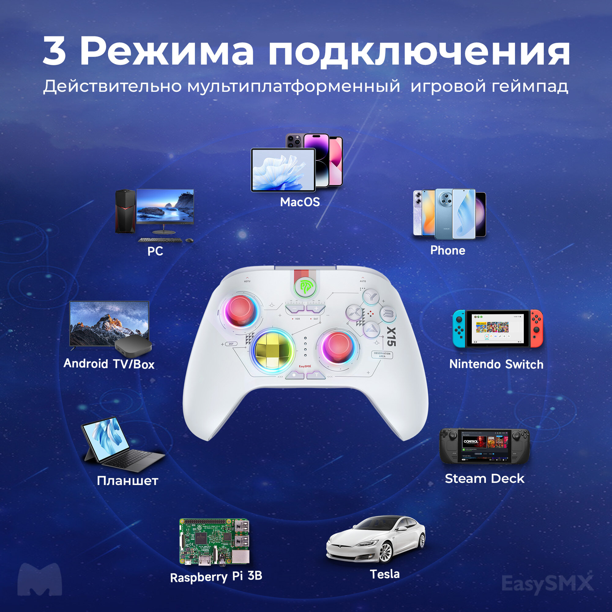 Беспроводной геймпад EasySMX X15 с RGB подсветкой / для ПК, Steam Deck, Смартфонов iOS + Android / датчики Холла на триггерах/стиках / цвет звезда (VG-C448) — фото 1