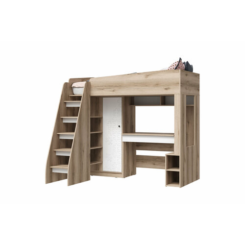 Кровать-чердак со столом Нонтон Киви, 90*195 см, дуб делано / белая