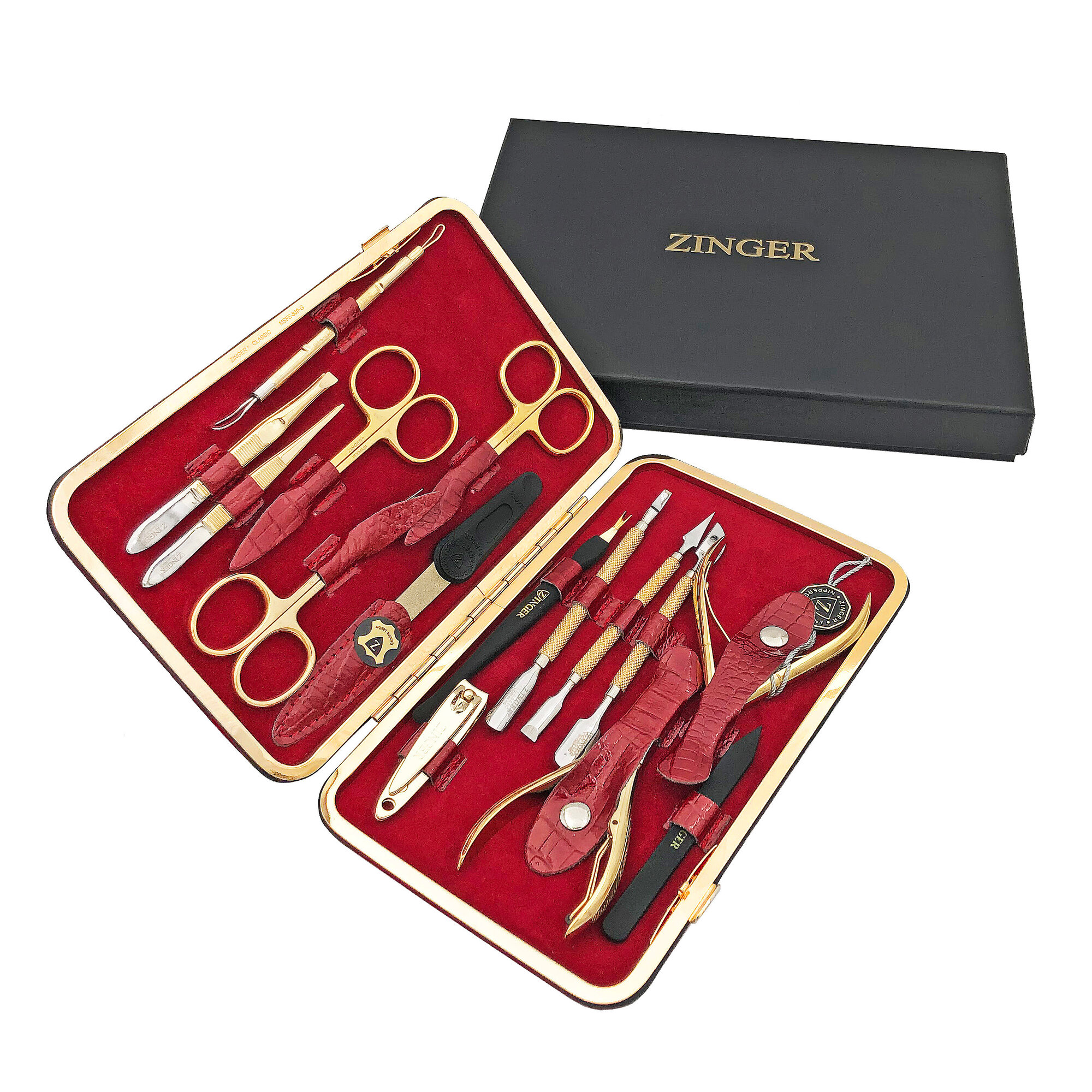 Маникюрный набор Zinger MSFE-830 G, 15 предметов, позолоченный/красный