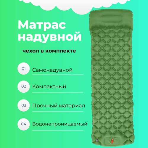 Надувной матрас с подушкой / Коврик туристический 190х60 см с чехлом для переноски зеленый