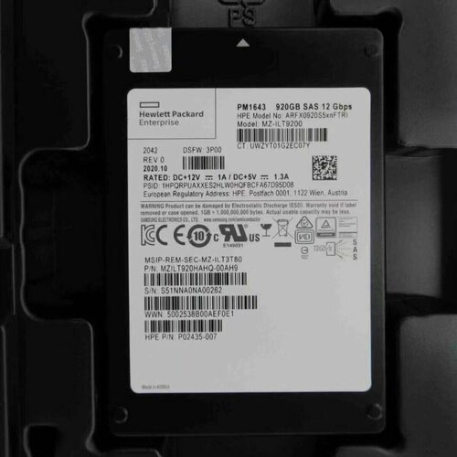 Внутренний твердотельный накопитель HPE Samsung PM1643 MZ-1LT9200 920GB 25 12GBs MZILT3T8HALS-00007 MZILT920HAHQ-00AH9 P10523-001 3PAR 20000 R0P65A 4300000₽
