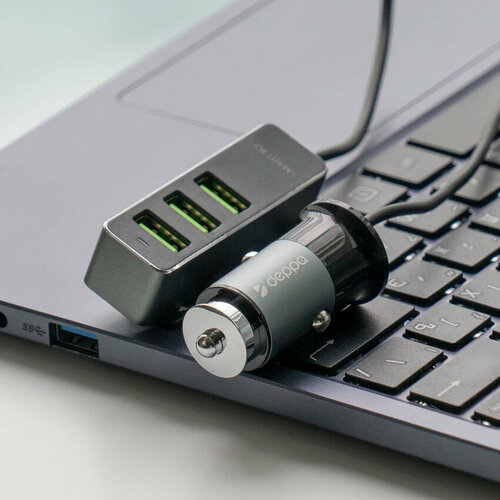 АЗУ 1 USB + 3 USB для пассажиров, QC 3.0, алюминий, графит, Deppa 11295