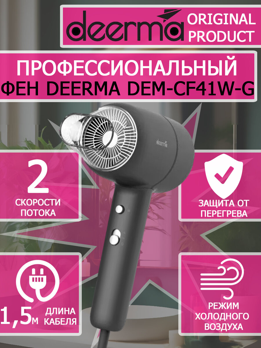 фото Фен для волос Deerma Hair Dry DEM-CF41W-G серый 1600вт