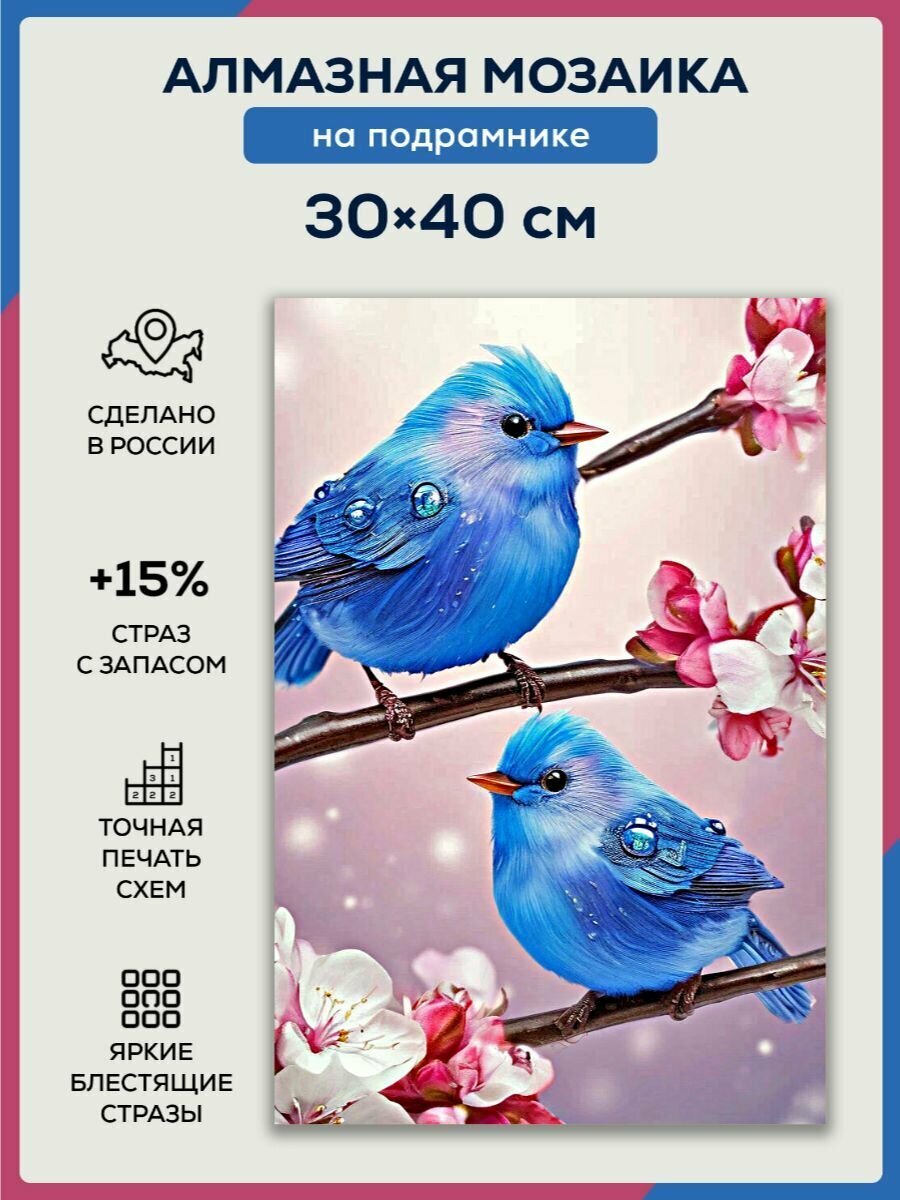 фото Алмазная мозаика 30x40 Синие птички на подрамнике