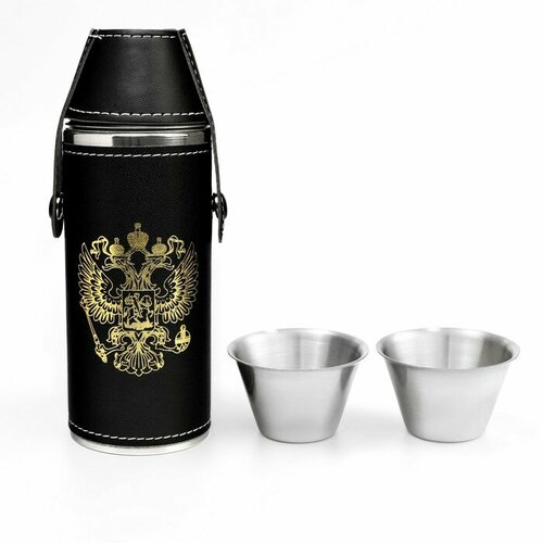 Фляжка для алкоголя и воды Герб России нержавеющая сталь 240 мл 2 стопки по 30 мл 989₽