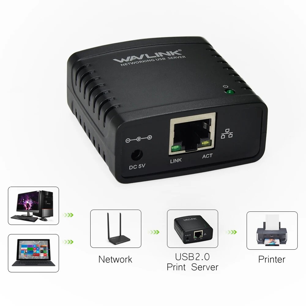 Сервер печати Wavlink USB 2.0 LRP Поделиться сетевые принтеры Ethernet LAN Адаптер питания USB-концентратор Сетевой сервер печати 100 Мбит/с США