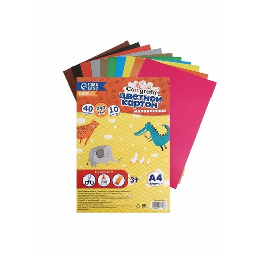 Картон цветной А4 40 листов 10 цветов мелован 240 гм2 679₽