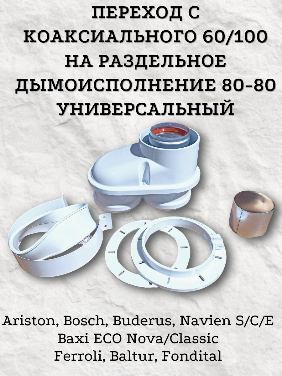 Адаптер разделительный моноблочный KRATS (переход с коаксиального 60/100 на раздельное дымоисполнение 80-80) универсальный