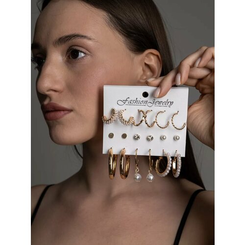 Серьги пусеты, конго MAGIXX, фианит, жемчуг имитация, золотистый